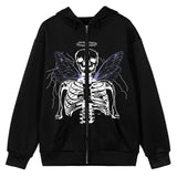 Street Hip Hop Angel Butterfly Print Black Zip Hoodie