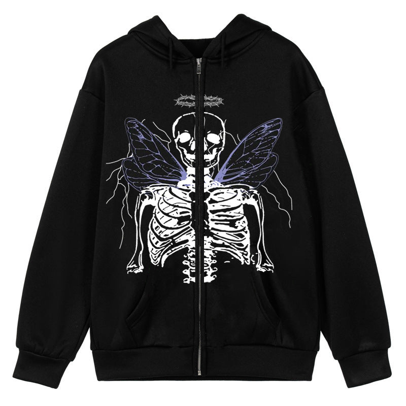 Street Hip Hop Angel Butterfly Print Black Zip Hoodie