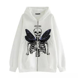 Street Hip Hop Angel Butterfly Print Black Zip Hoodie