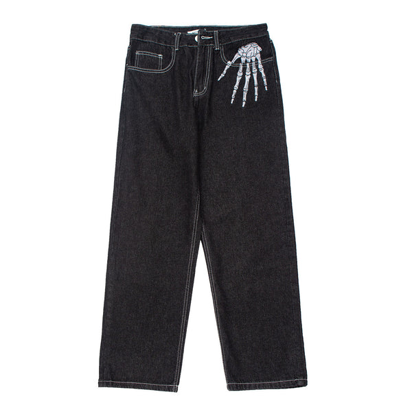 Men's Dark Skeleton Embroidery Baggy Jeans