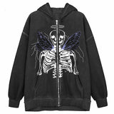 Street Hip Hop Angel Butterfly Print Schwarzer Kapuzenpullover mit Reißverschluss