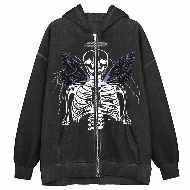 Street Hip Hop Angel Butterfly Print Schwarzer Kapuzenpullover mit Reißverschluss