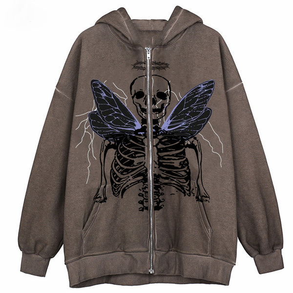 Street Hip Hop Angel Butterfly Print Black Zip Hoodie