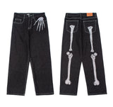 Men's Dark Skeleton Embroidery Baggy Jeans