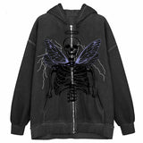 Street Hip Hop Angel Butterfly Print Black Zip Hoodie