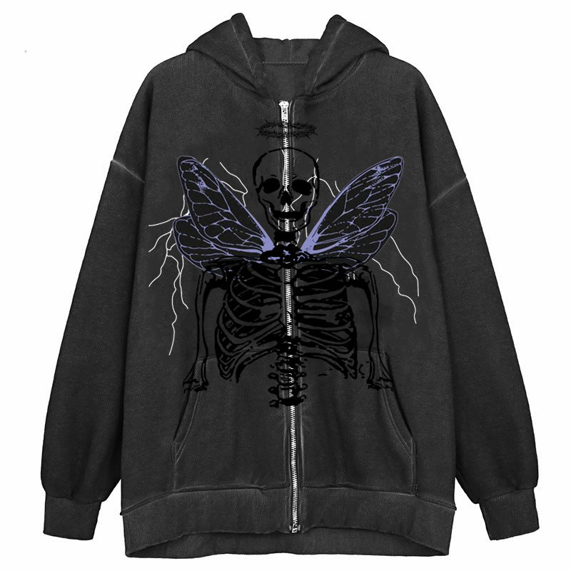 Street Hip Hop Angel Butterfly Print Black Zip Hoodie